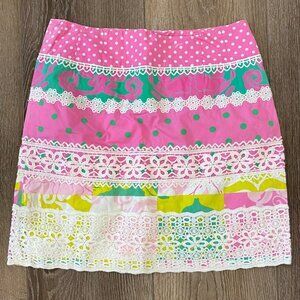 Lily Pulitzer Cotton Skirt With Polka Dots Green Swirls & Floral Lace Trim 3-4